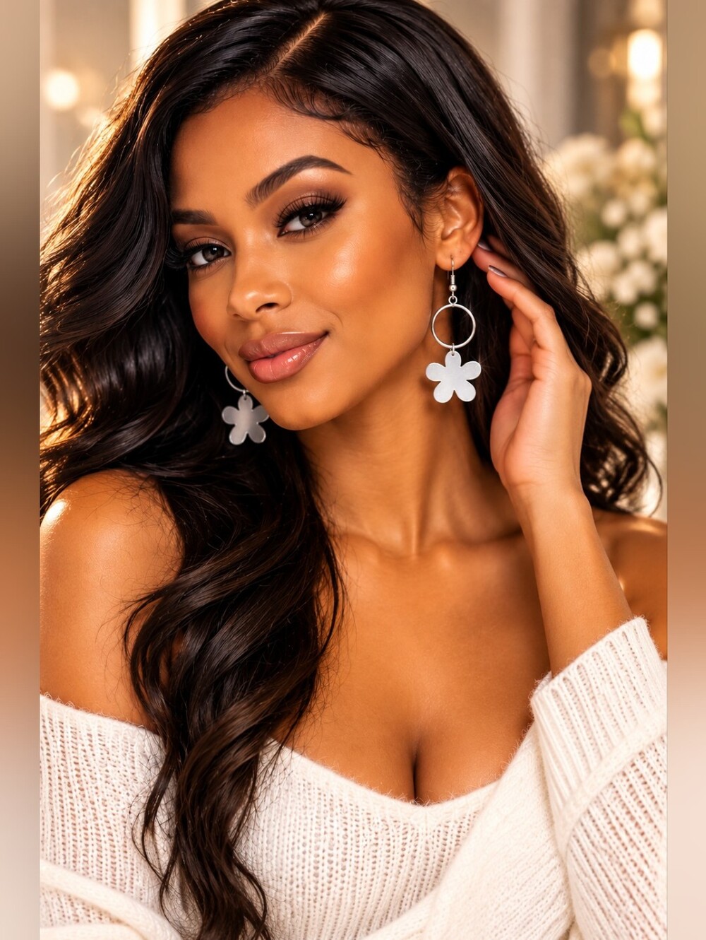 Silver-tone Flower Drop Earrings | Modern Floral Statement Dangle Earrings